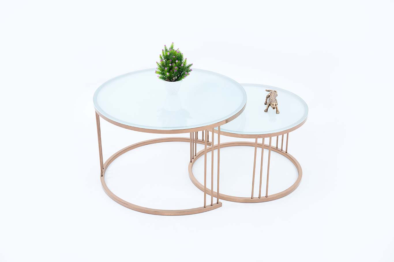 Round Set of 2 Coffee Table With to White Glass for Living Room Décor Furniture