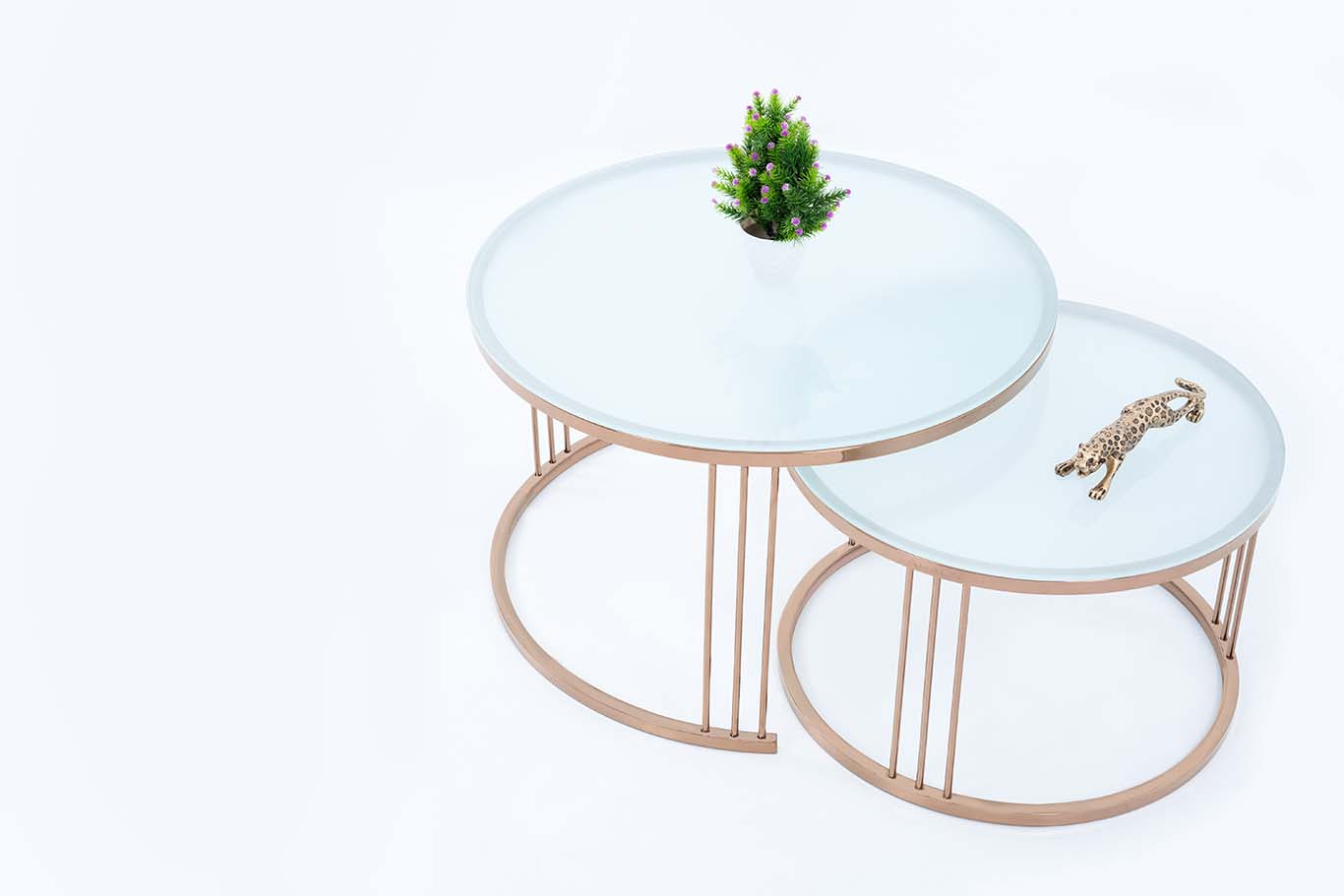 Round Set of 2 Coffee Table With to White Glass for Living Room Décor Furniture