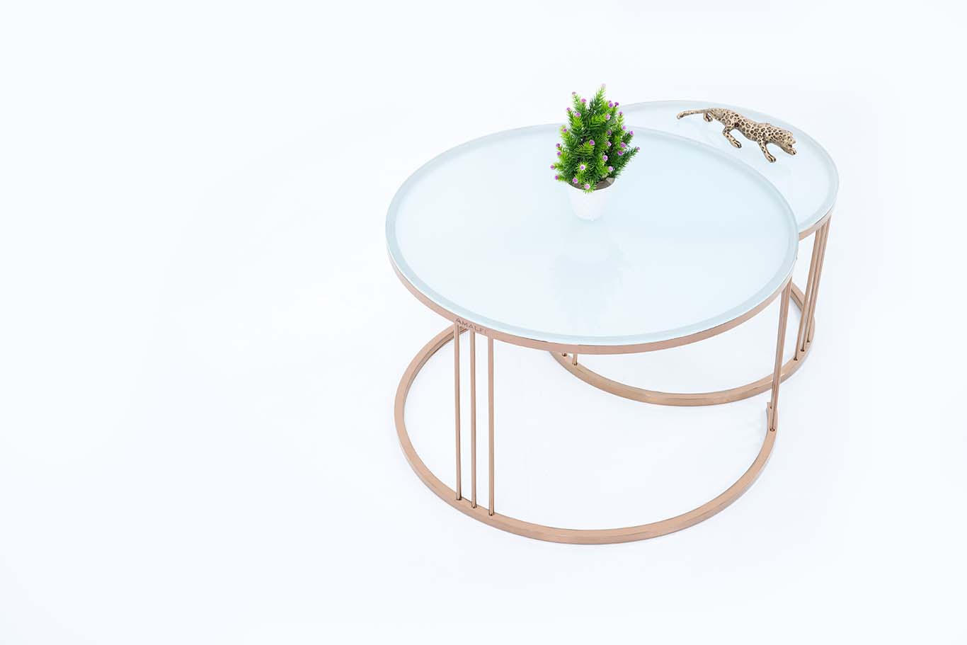 Round Set of 2 Coffee Table With to White Glass for Living Room Décor Furniture