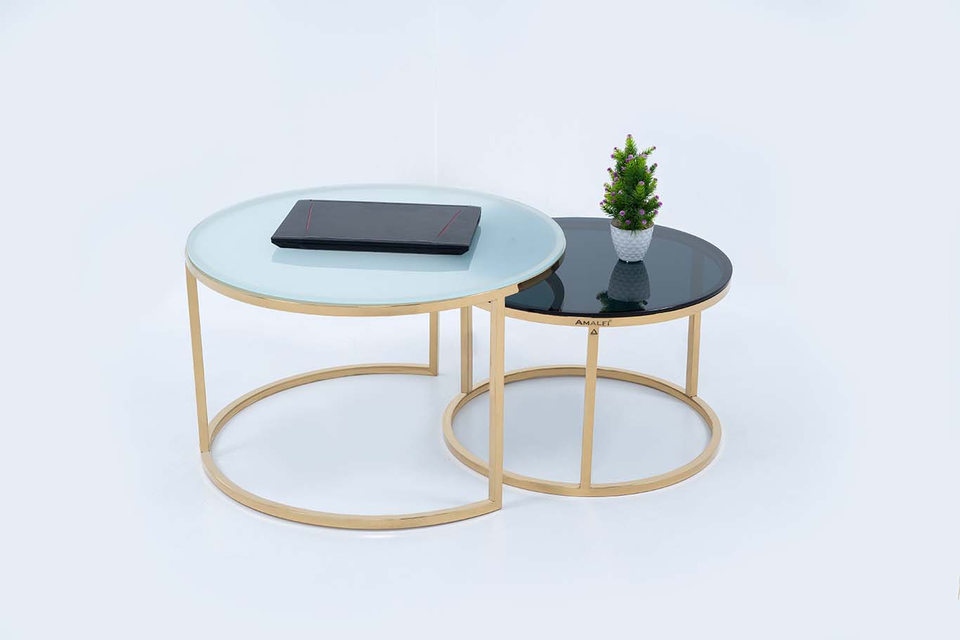 Dream Arts Round Coffee Table Set of 2 With Glass Big White Small Black