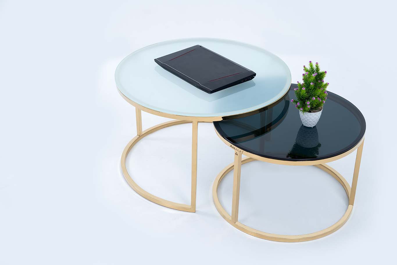 Dream Arts Round Coffee Table Set of 2 With Glass Big White Small Black