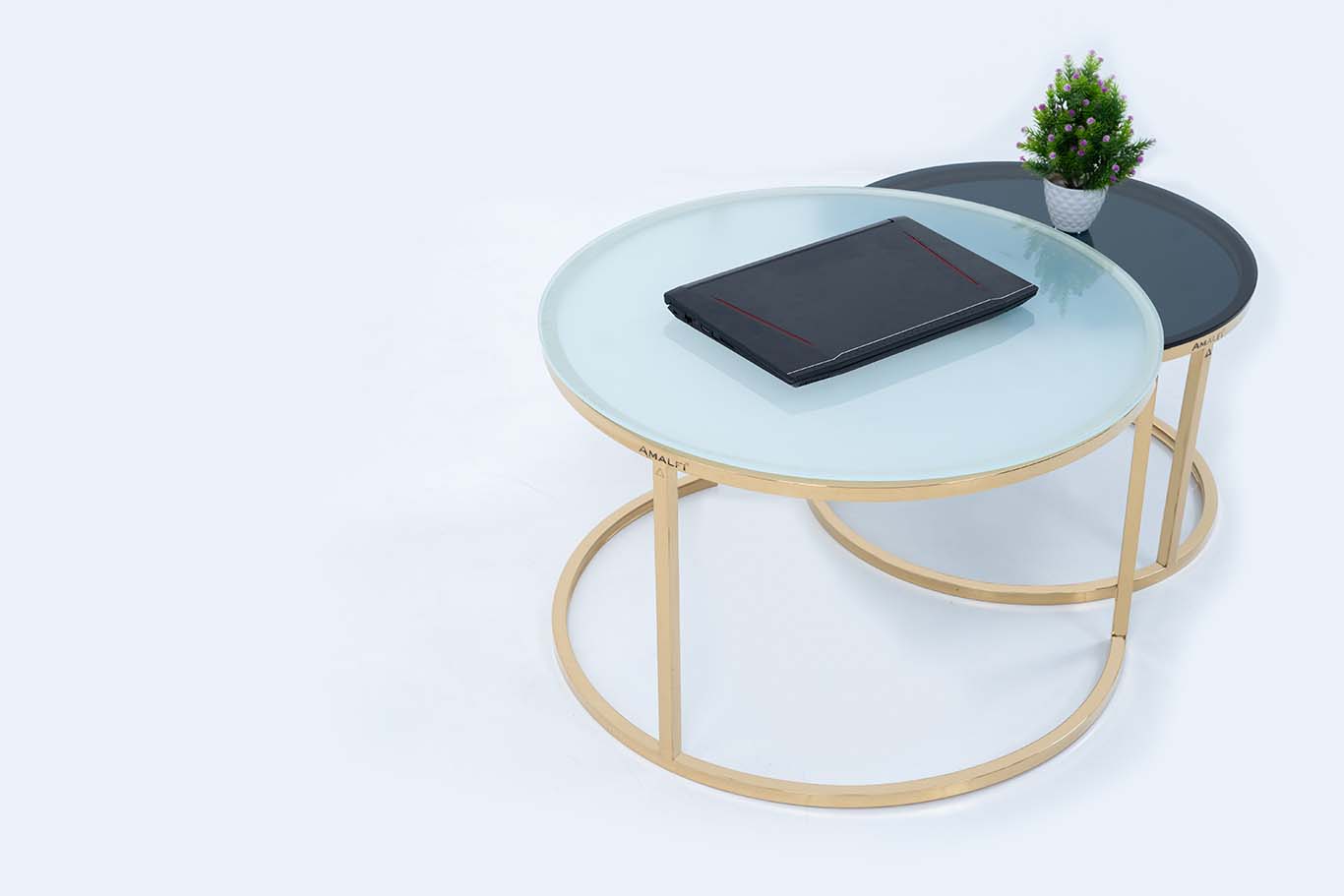 Dream Arts Round Coffee Table Set of 2 With Glass Big White Small Black