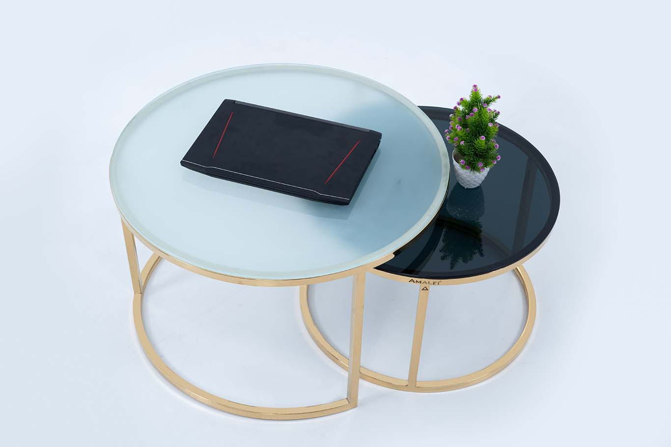 Dream Arts Round Coffee Table Set of 2 With Glass Big White Small Black