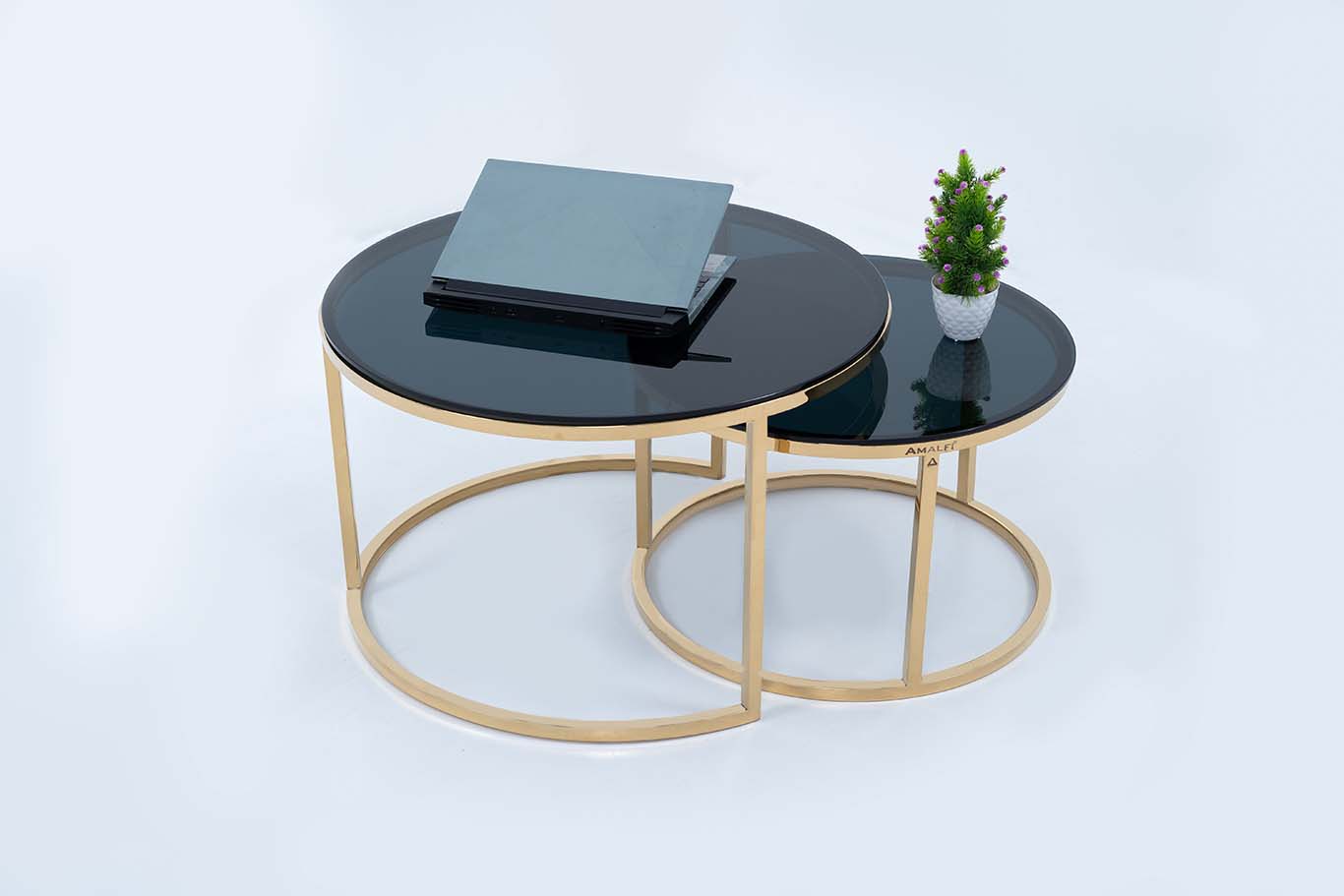 Modern Round Coffee Table Set Off 2 With 2 Black Glass