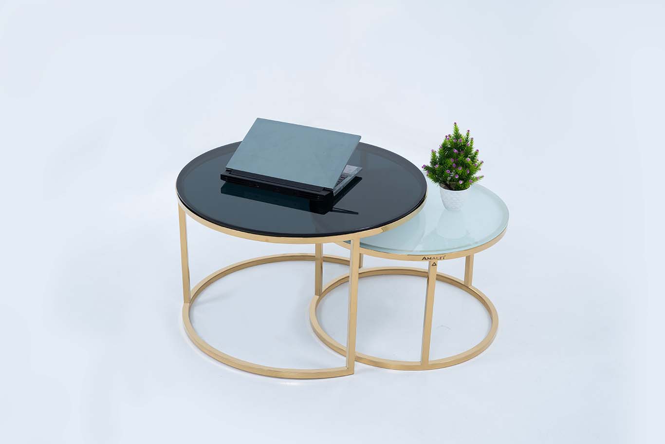 Modern Round Coffee Table Set Off 2 With 2 Glass Big Black Small White