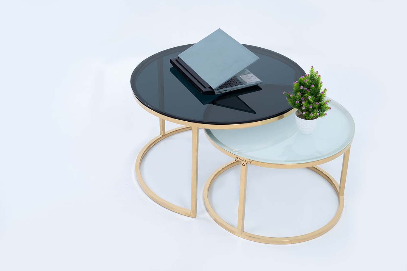 Modern Round Coffee Table Set Off 2 With 2 Glass Big Black Small White