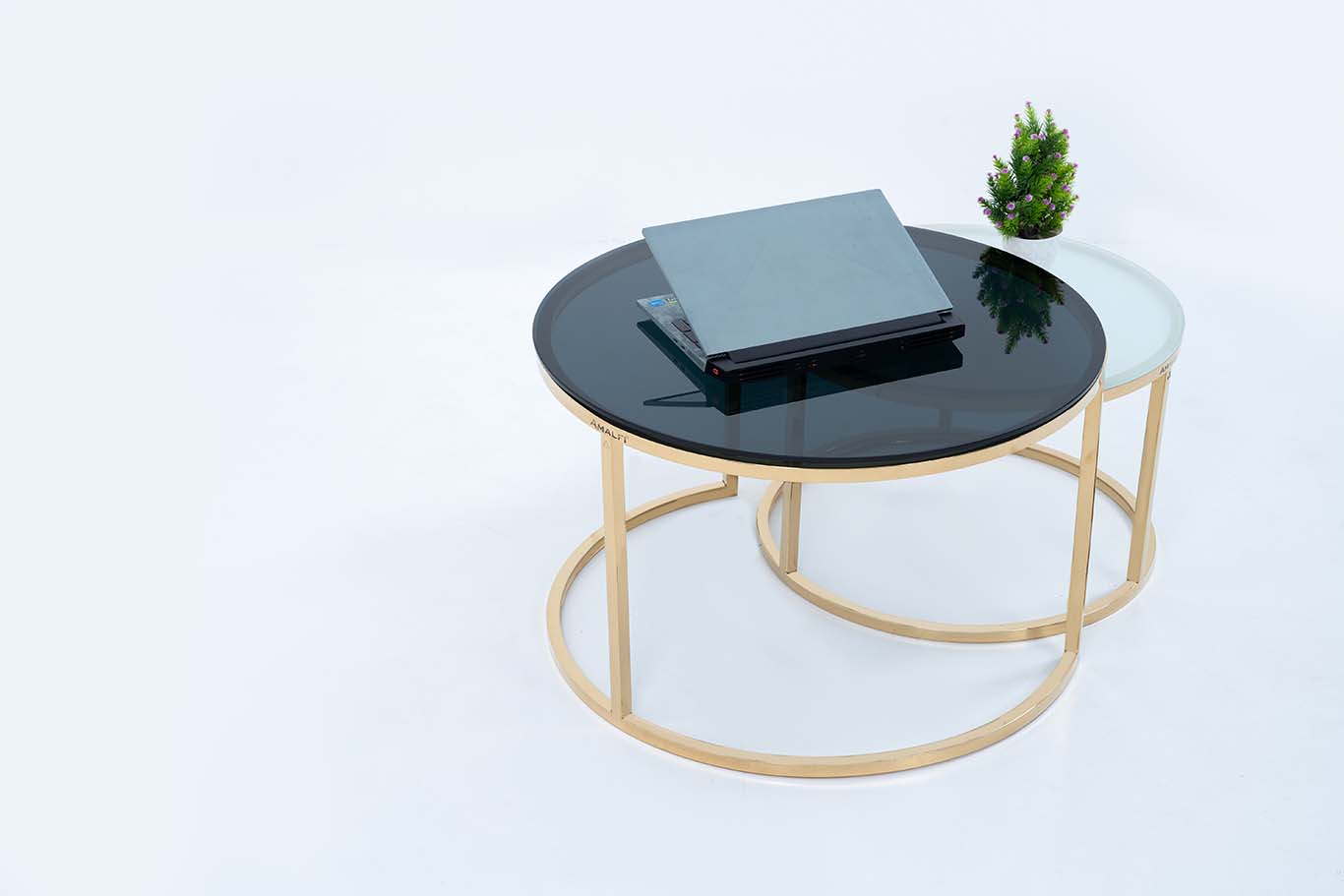 Modern Round Coffee Table Set Off 2 With 2 Glass Big Black Small White