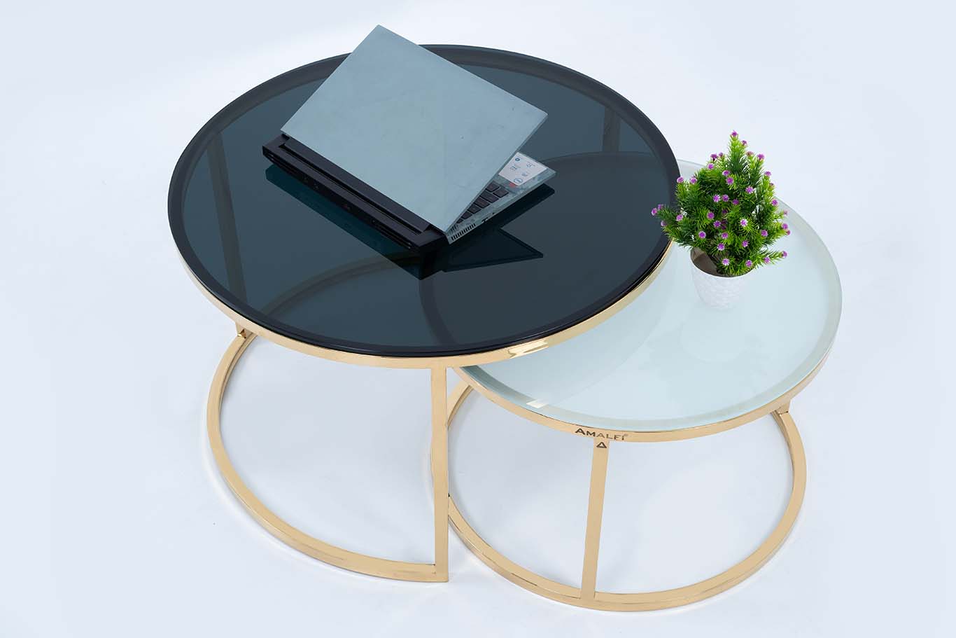 Modern Round Coffee Table Set Off 2 With 2 Glass Big Black Small White