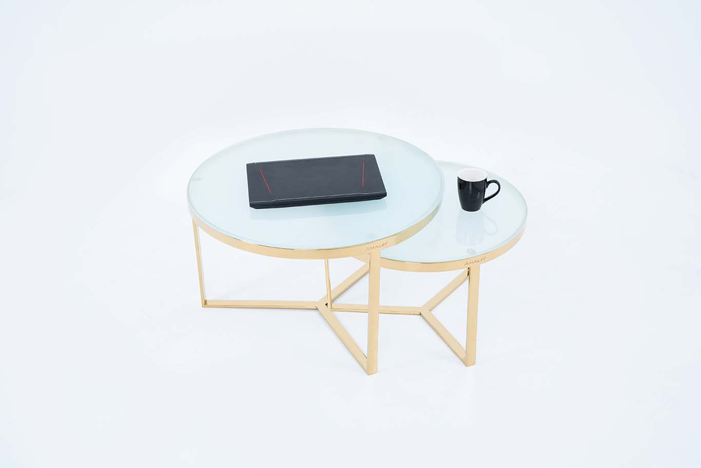 NESTING COFFEE TABLE SET OF 2 ROUND STACKING SIDE TABLE WITH 2 WHITE GLASS