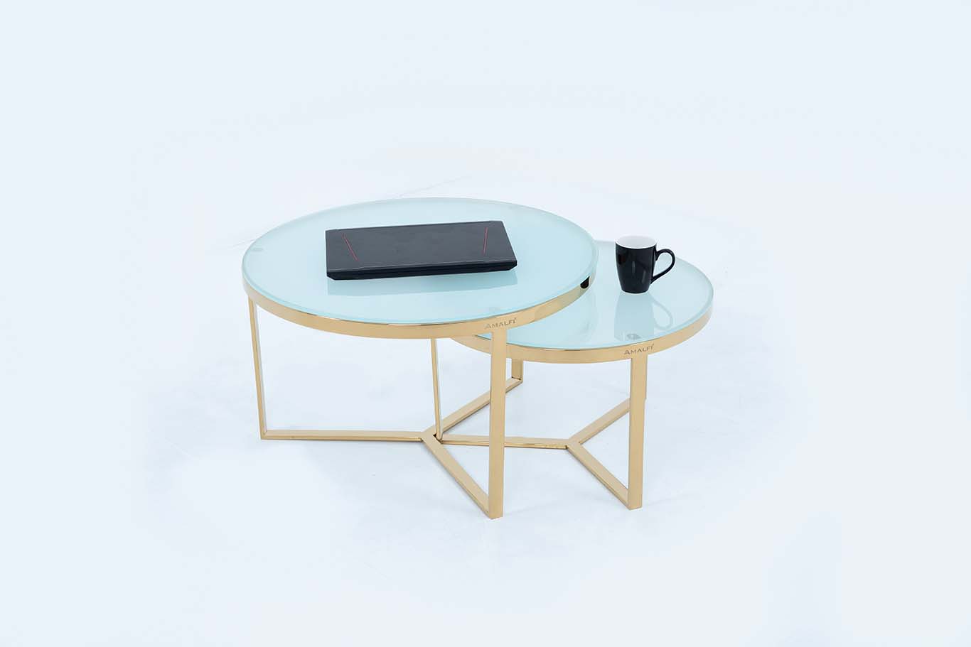 NESTING COFFEE TABLE SET OF 2 ROUND STACKING SIDE TABLE WITH 2 WHITE GLASS