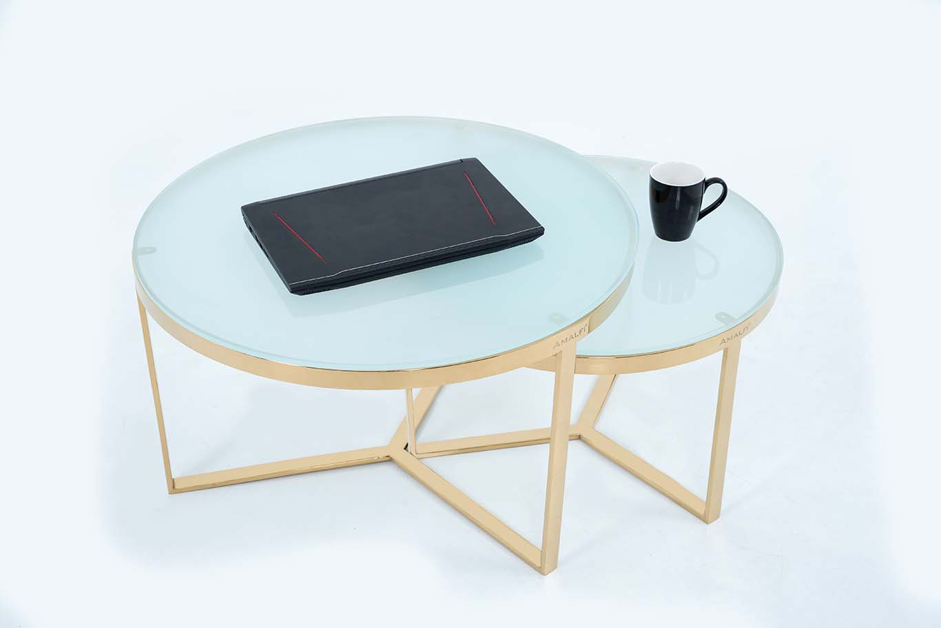 NESTING COFFEE TABLE SET OF 2 ROUND STACKING SIDE TABLE WITH 2 WHITE GLASS
