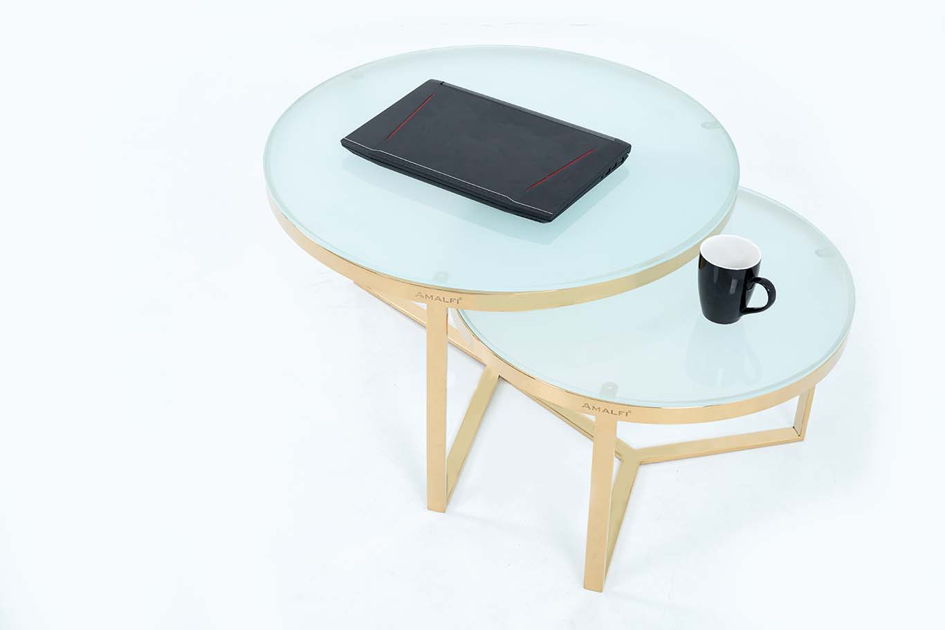 NESTING COFFEE TABLE SET OF 2 ROUND STACKING SIDE TABLE WITH 2 WHITE GLASS