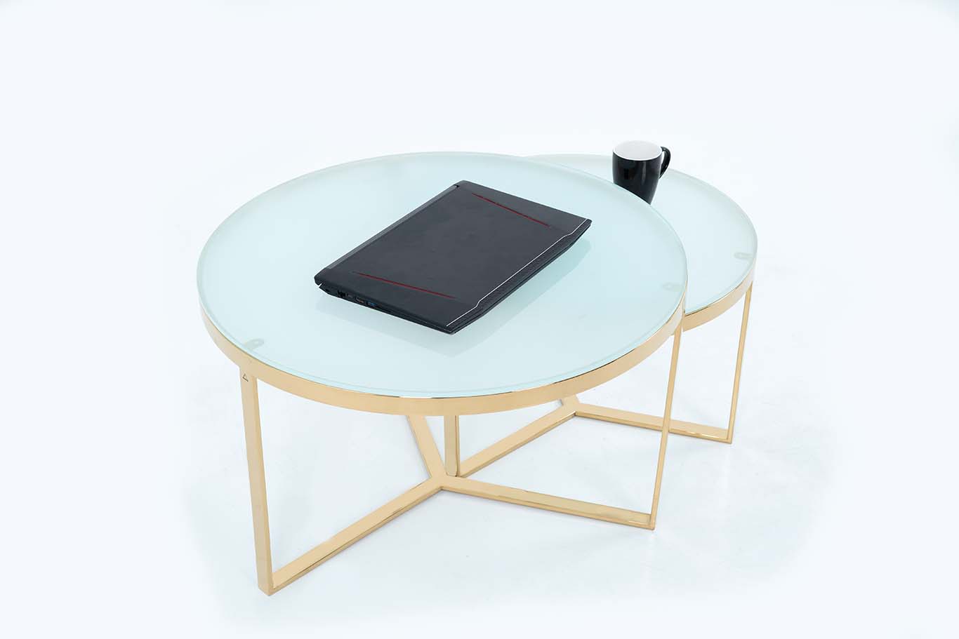 NESTING COFFEE TABLE SET OF 2 ROUND STACKING SIDE TABLE WITH 2 WHITE GLASS