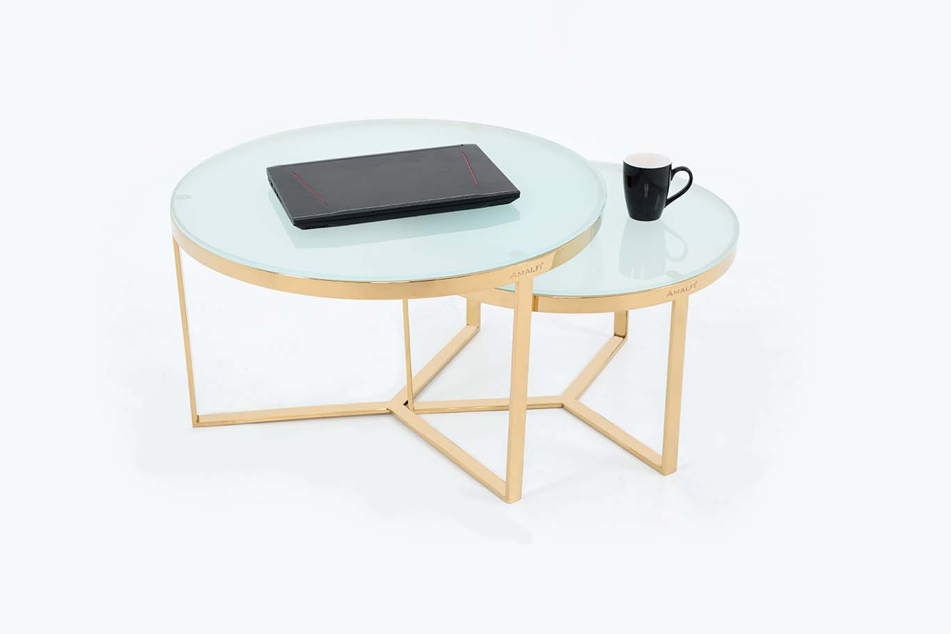 NESTING COFFEE TABLE SET OF 2 ROUND STACKING SIDE TABLE WITH 2 WHITE GLASS