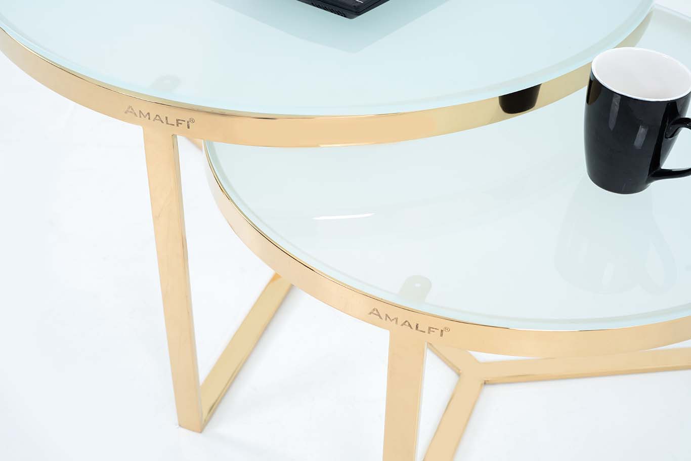 NESTING COFFEE TABLE SET OF 2 ROUND STACKING SIDE TABLE WITH 2 WHITE GLASS