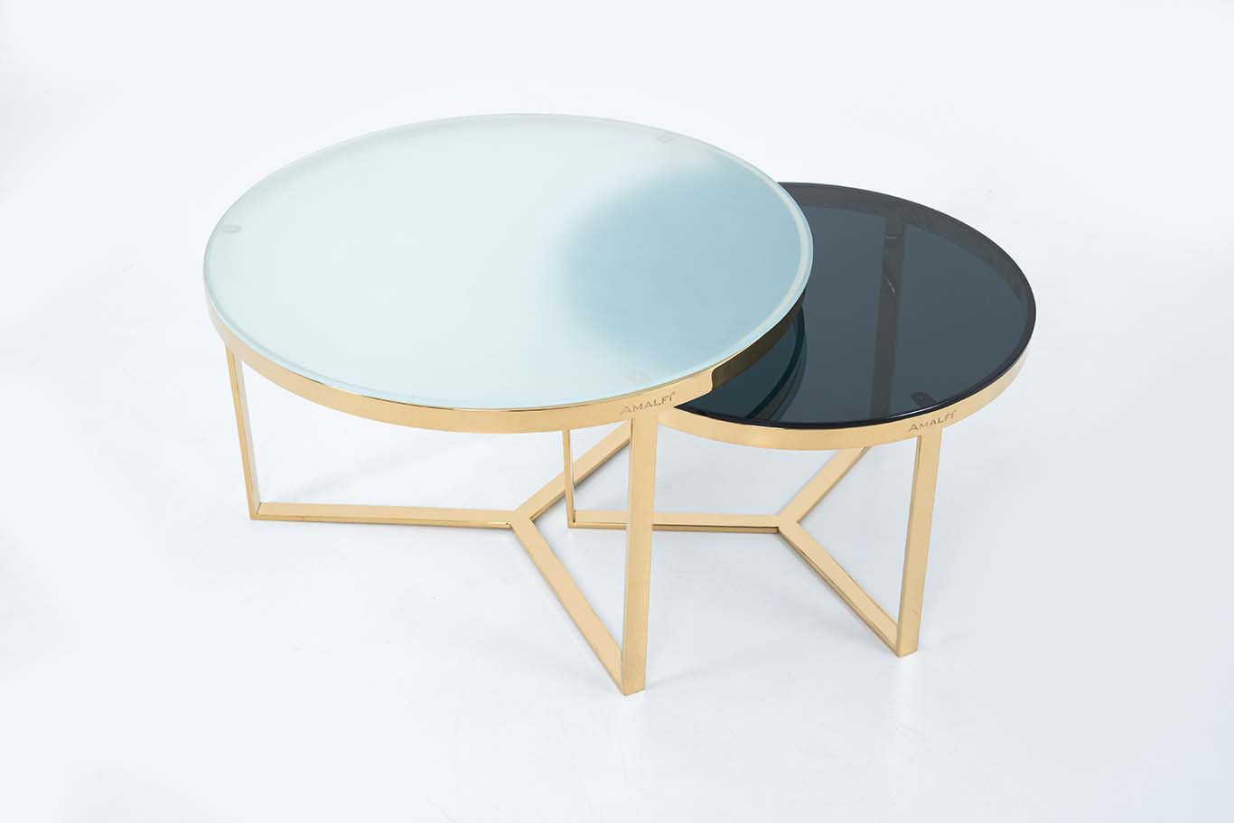 NESTING COFFEE TABLE SET OF 2 ROUND STACKING SIDE TABLE WITH 2 GLASS BIG WHITE SMALL BLACK
