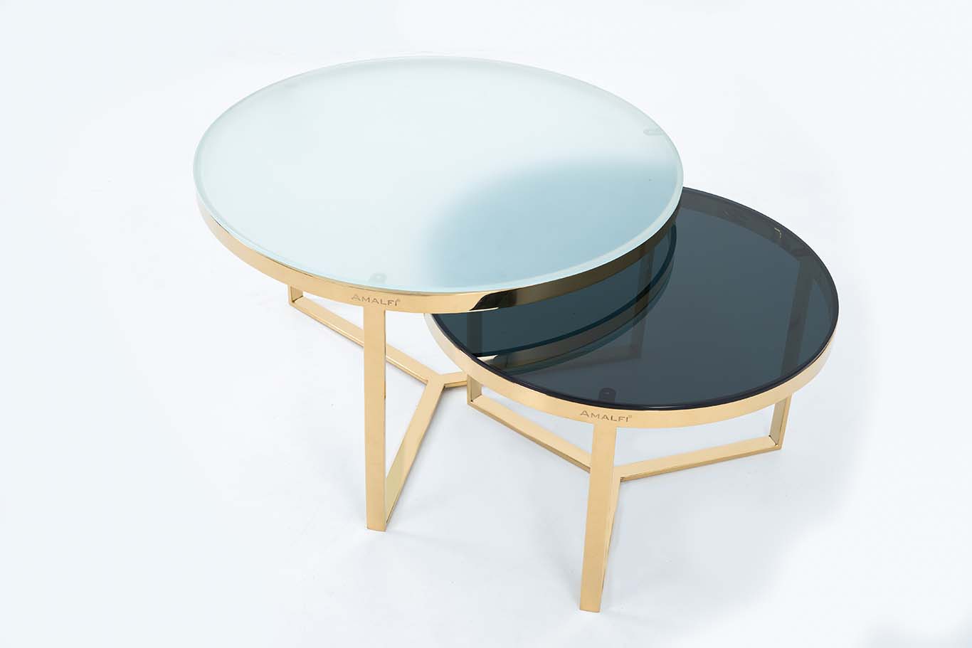 NESTING COFFEE TABLE SET OF 2 ROUND STACKING SIDE TABLE WITH 2 GLASS BIG WHITE SMALL BLACK