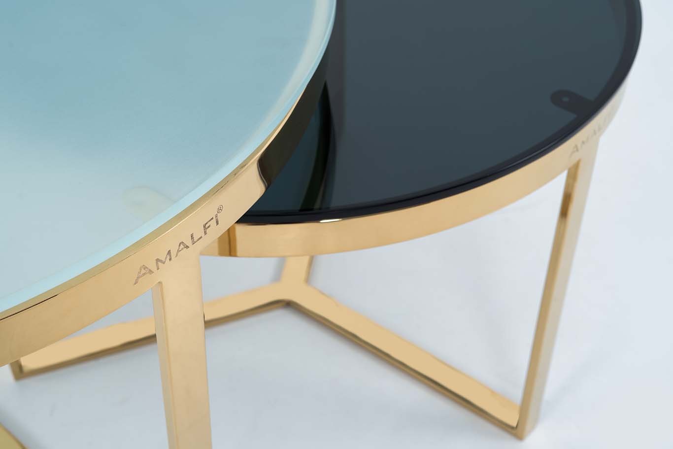NESTING COFFEE TABLE SET OF 2 ROUND STACKING SIDE TABLE WITH 2 GLASS BIG WHITE SMALL BLACK