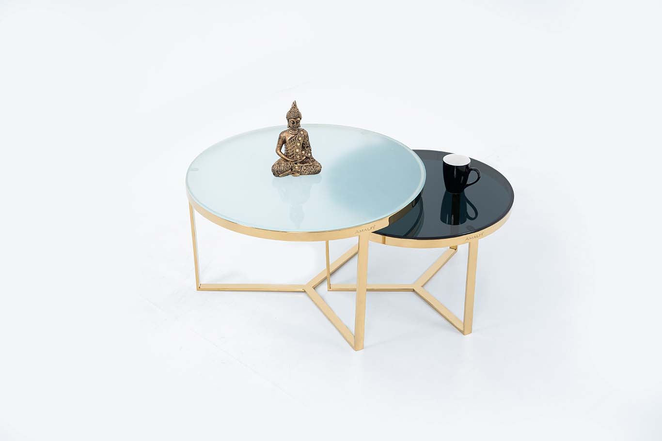 NESTING COFFEE TABLE SET OF 2 ROUND STACKING SIDE TABLE WITH 2 GLASS BIG WHITE SMALL BLACK