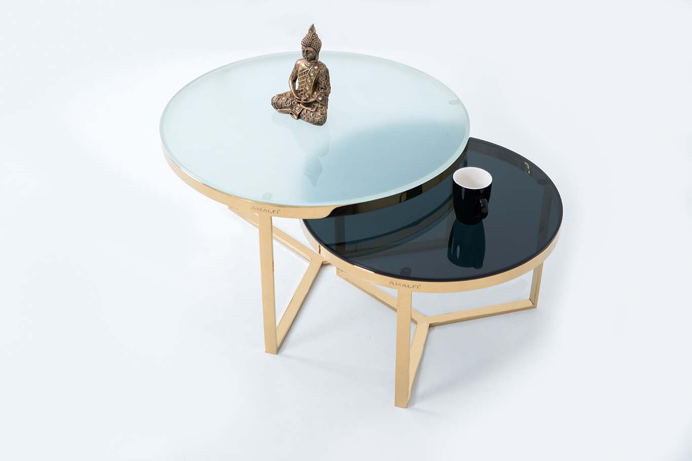 NESTING COFFEE TABLE SET OF 2 ROUND STACKING SIDE TABLE WITH 2 GLASS BIG WHITE SMALL BLACK