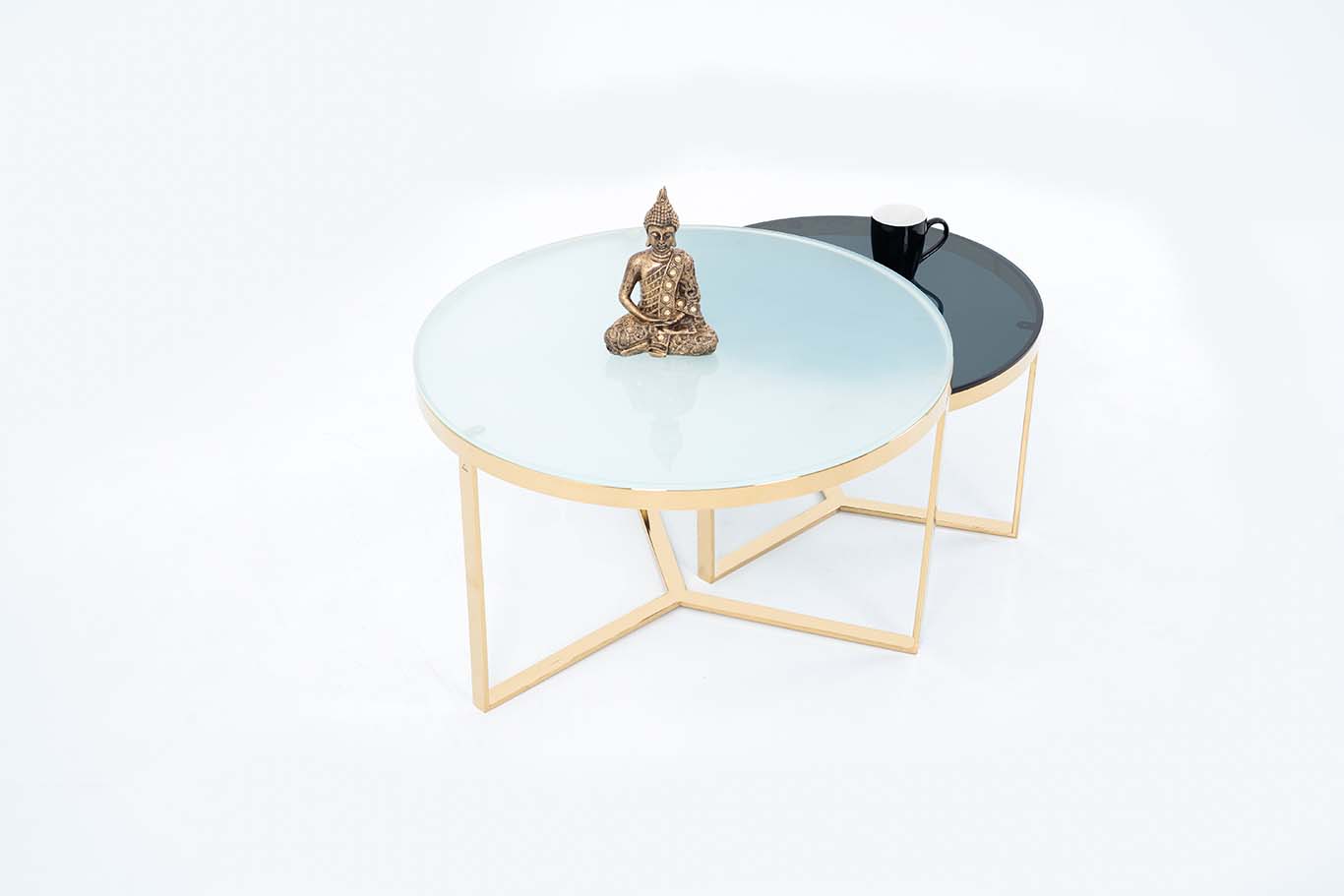 NESTING COFFEE TABLE SET OF 2 ROUND STACKING SIDE TABLE WITH 2 GLASS BIG WHITE SMALL BLACK